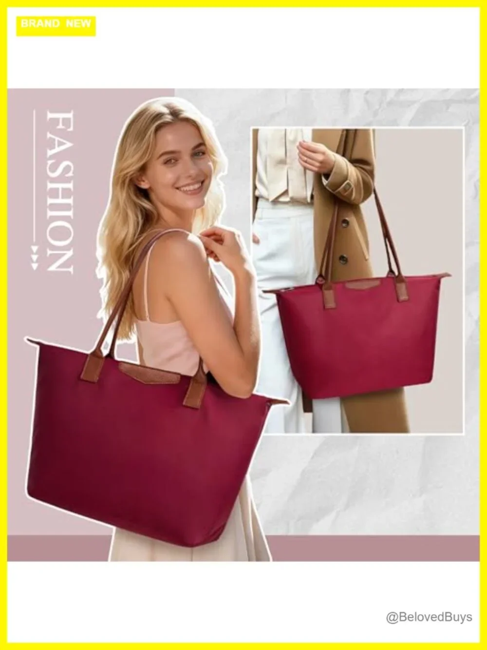 Large Capacity Nylon Tote Bag with Leather Handles, Hobo Shoulder Purse,